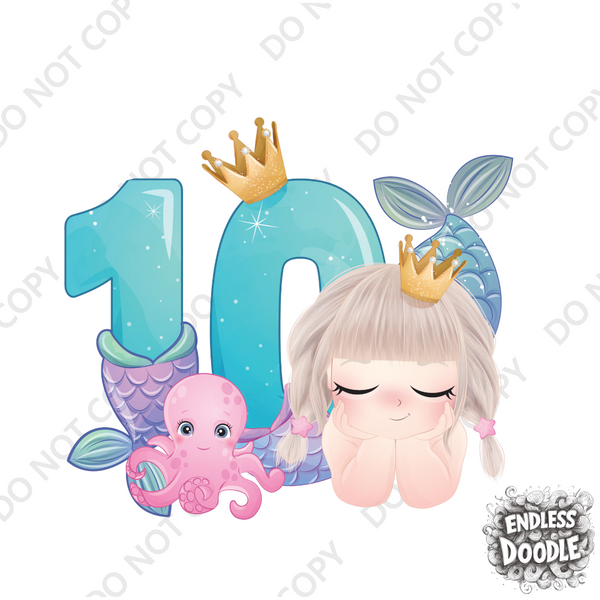 10th Birthday Girl Ten Year Old - Mermaid Kids DTF Transfer - Gift Do it Yourself Iron On Heat Press Shirt Any Material Long Lasting Full Colour