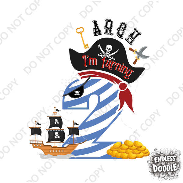 2nd Birthday Two Year Old - Turning 2 Pirate Kids DTF Transfer - Gift Do it Yourself Iron On Heat Press Shirt Any Material Long Lasting Full Colour