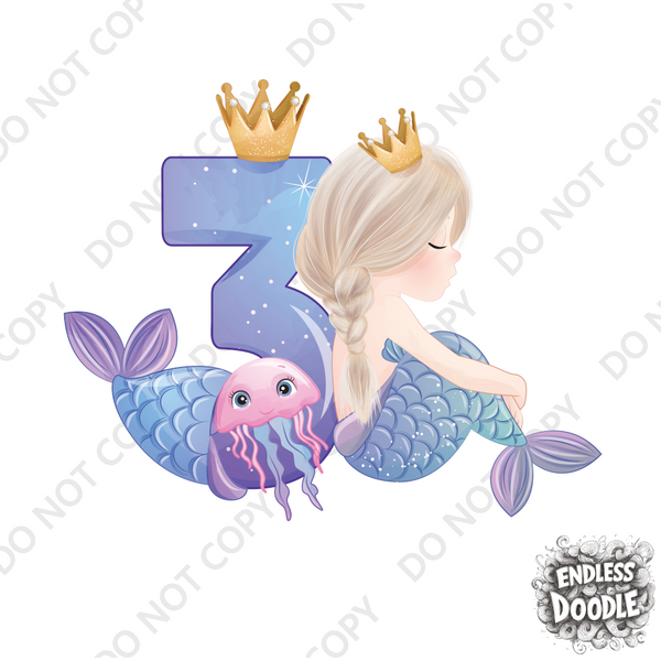 3th Birthday Girl Three Year Old - Mermaid Kids DTF Transfer - Gift Do it Yourself Iron On Heat Press Shirt Any Material Long Lasting Full Colour