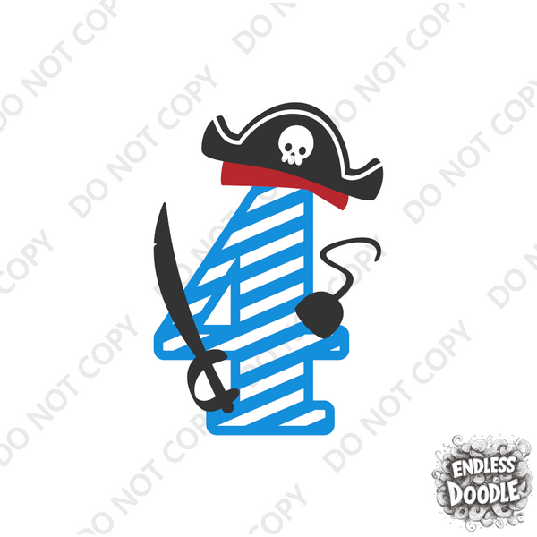 4th Birthday Four Year Old - Pirate Kids DTF Transfer - Gift Do it Yourself Iron On Heat Press Shirt Any Material Long Lasting Full Colour