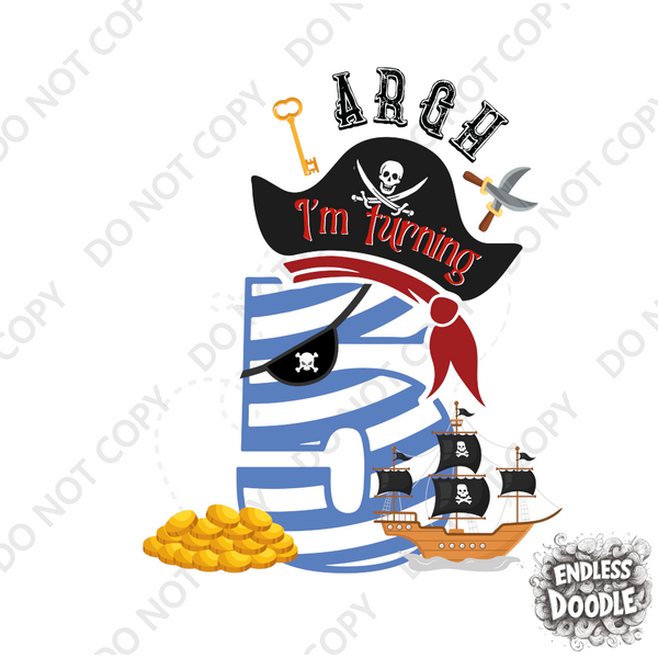 5th Birthday Five Year Old - Turning 5 Pirate Kids DTF Transfer - Gift Do it Yourself Iron On Heat Press Shirt Any Material Long Lasting Full Colour