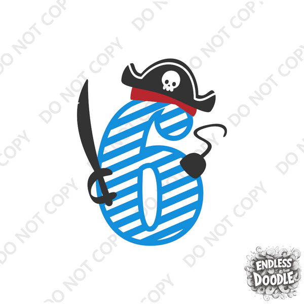 6th Birthday Six Year Old - Pirate Kids DTF Transfer - Gift Do it Yourself Iron On Heat Press Shirt Any Material Long Lasting Full Colour