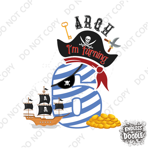6th Birthday Six Year Old - Turning 6 Pirate Kids DTF Transfer - Gift Do it Yourself Iron On Heat Press Shirt Any Material Long Lasting Full Colour