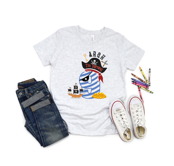 9th Birthday Nine Year Old - Turning 9 Pirate Kids DTF Transfer - Gift Do it Yourself Iron On Heat Press Shirt Any Material Long Lasting Full Colour