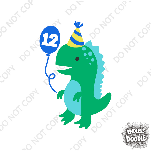 12th Birthday Boy Twelve Year Old- Dino Balloon Birthday Kids DTF Transfer - Gift Do it Yourself Iron On Heat Press Shirt Any Material Long Lasting Full Colour