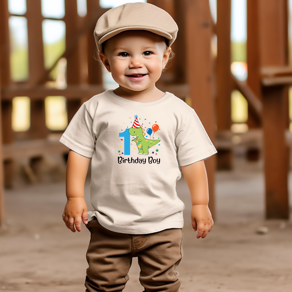 1st Birthday Boy One Year Old -Dino Birthday Boy  Kids DTF Transfer - Gift Do it Yourself Iron On Heat Press Shirt Any Material Long Lasting Full Colour