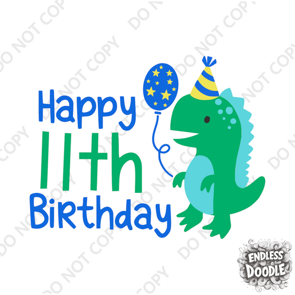 11th Birthday Boy Eleven Year Old - Dino Happy Birthday Kids DTF Transfer - Gift Do it Yourself Iron On Heat Press Shirt Any Material Long Lasting Full Colour