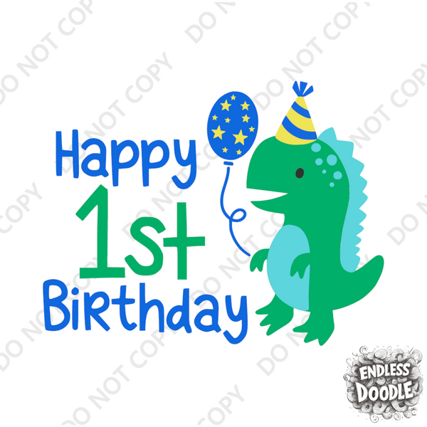 1st Birthday Boy One Year Old - Dino Happy Birthday Kids DTF Transfer - Gift Do it Yourself Iron On Heat Press Shirt Any Material Long Lasting Full Colour