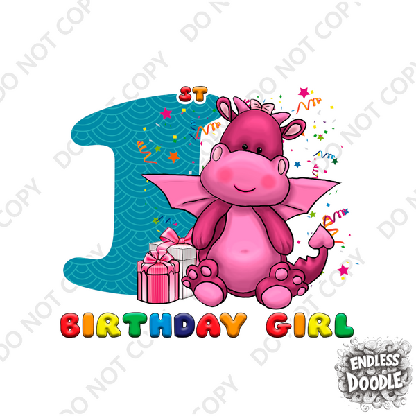 1st Birthday Girl  One Year Old - Little Dragon Kids DTF Transfer - Gift Do it Yourself Iron On Heat Press Shirt Any Material Long Lasting Full Colour