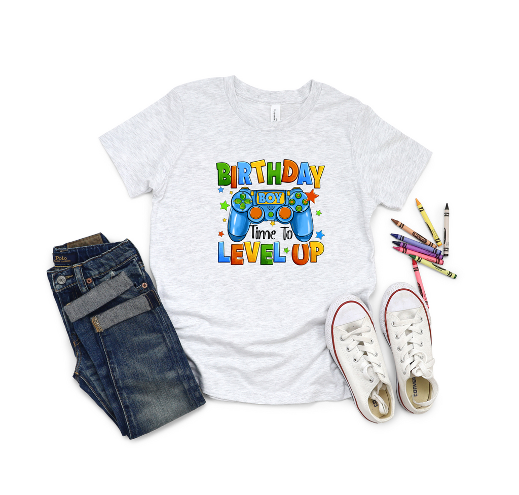 Kids Birthday Gaming DTF Transfer Time to Level Up - Gift Do it Yourself Iron On Heat Press Shirt Any Material Long Lasting Full Colour