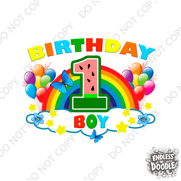 1st Birthday Boy One Year Old - Rainbow Birthday Kids DTF Transfer - Gift Do it Yourself Iron On Heat Press Shirt Any Material Long Lasting Full Colour