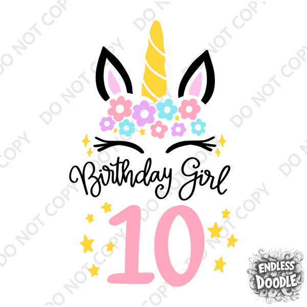 10th Birthday Girl Ten Year Old - Unicorn Kids DTF Transfer - Gift Do it Yourself Iron On Heat Press Shirt Any Material Long Lasting Full Colour
